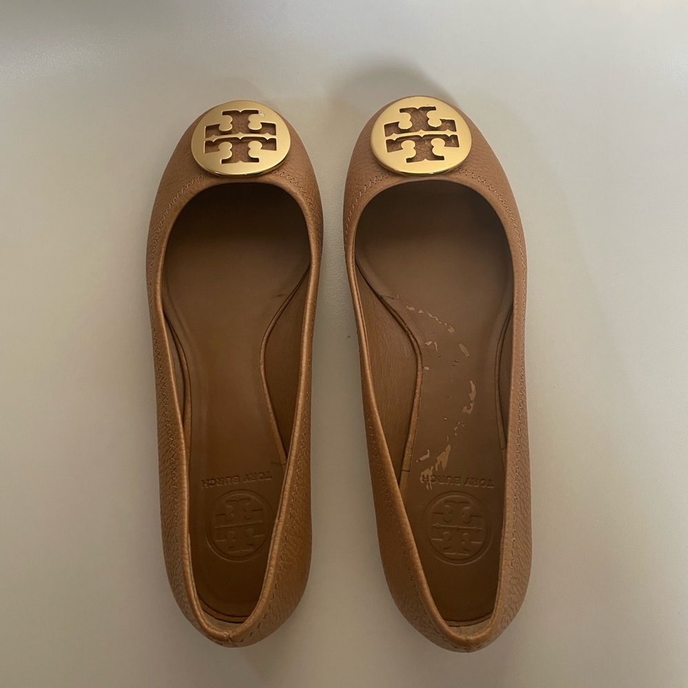 EUC Tory Burch Reva Ballet - Tumbled Leather, Royal Tan/Gold, 8M